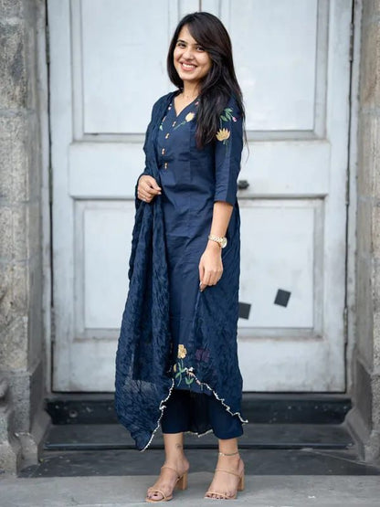 Elegant Navy Blue Floral Embroidered Kurta Set with Dupatta – Sophisticated Ethnic Wear for Casual, Office and Festive Occasions (BMKHA01)