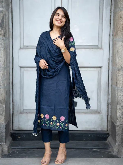 Elegant Navy Blue Floral Embroidered Kurta Set with Dupatta – Sophisticated Ethnic Wear for Casual, Office and Festive Occasions (BMKHA01)