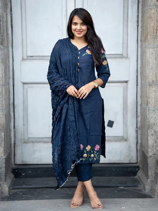 Elegant Navy Blue Floral Embroidered Kurta Set with Dupatta – Sophisticated Ethnic Wear for Casual, Office and Festive Occasions (BMKHA01)