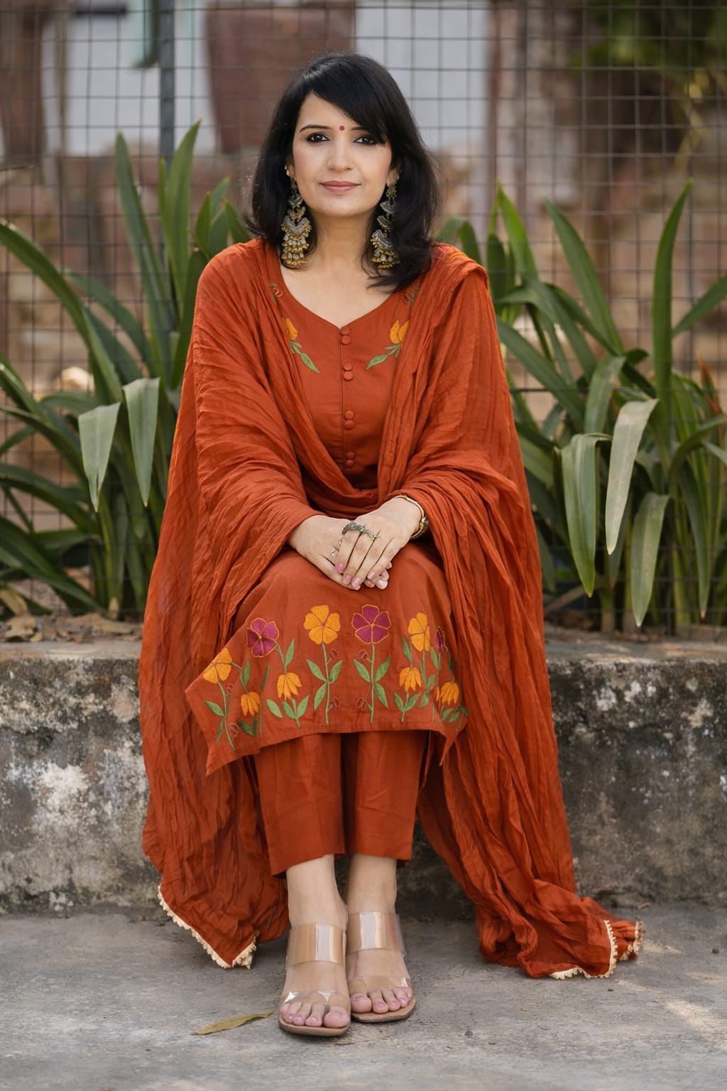 Elegant Rust Orange Floral Embroidered Kurta Set with Dupatta – Graceful, Comfortable and Perfect for Everyday Ethnic Wear and Festive Styling (BMKHA02)