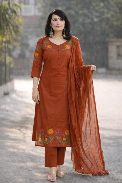 Elegant Rust Orange Floral Embroidered Kurta Set with Dupatta – Graceful, Comfortable and Perfect for Everyday Ethnic Wear and Festive Styling (BMKHA02)
