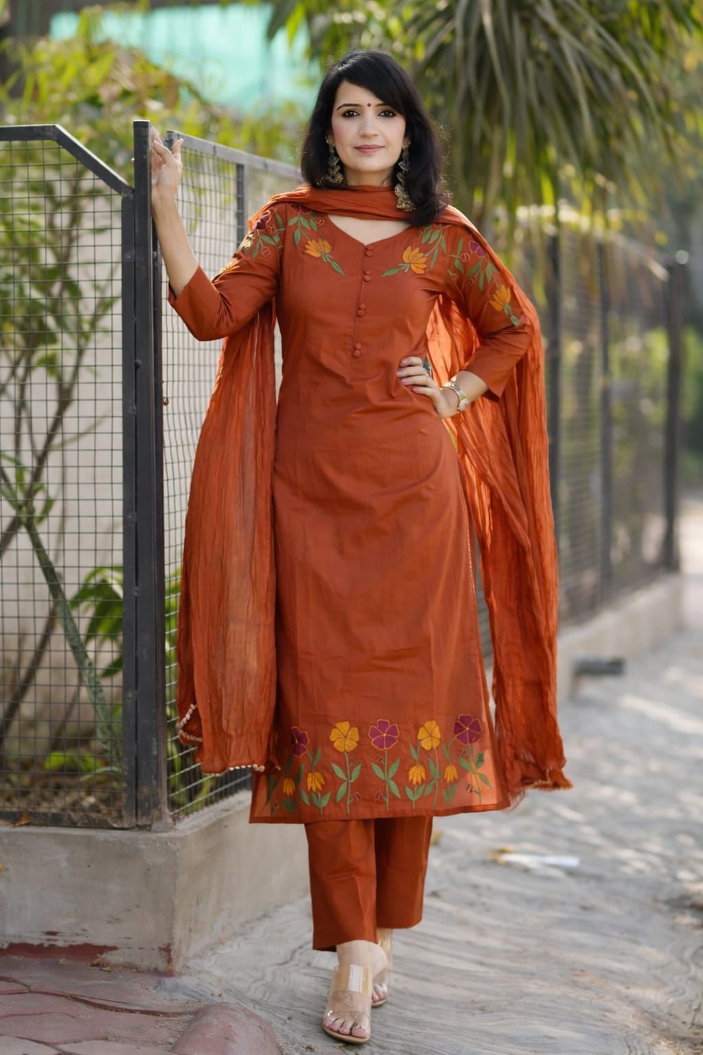 Elegant Rust Orange Floral Embroidered Kurta Set with Dupatta – Graceful, Comfortable and Perfect for Everyday Ethnic Wear and Festive Styling (BMKHA02)