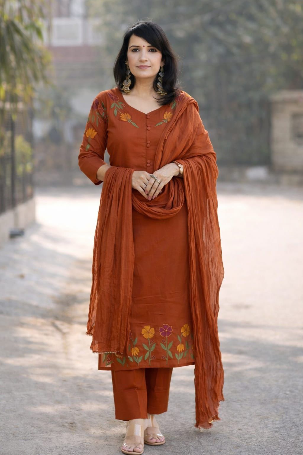 Elegant Rust Orange Floral Embroidered Kurta Set with Dupatta – Graceful, Comfortable and Perfect for Everyday Ethnic Wear and Festive Styling (BMKHA02)