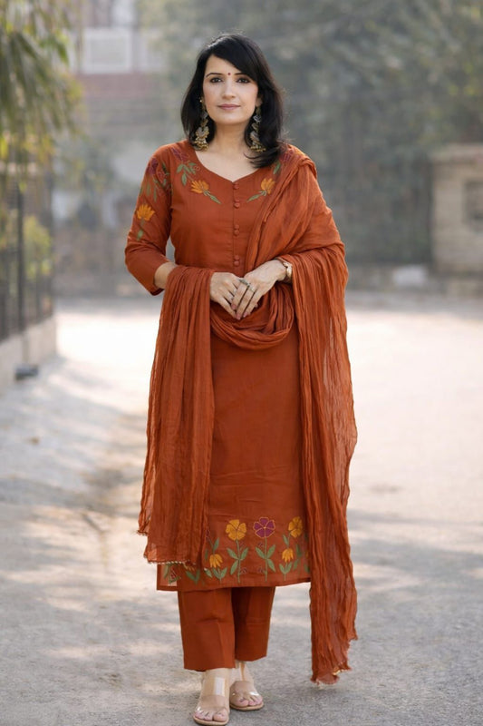 Elegant Rust Orange Floral Embroidered Kurta Set with Dupatta – Graceful, Comfortable and Perfect for Everyday Ethnic Wear and Festive Styling (BMKHA02)