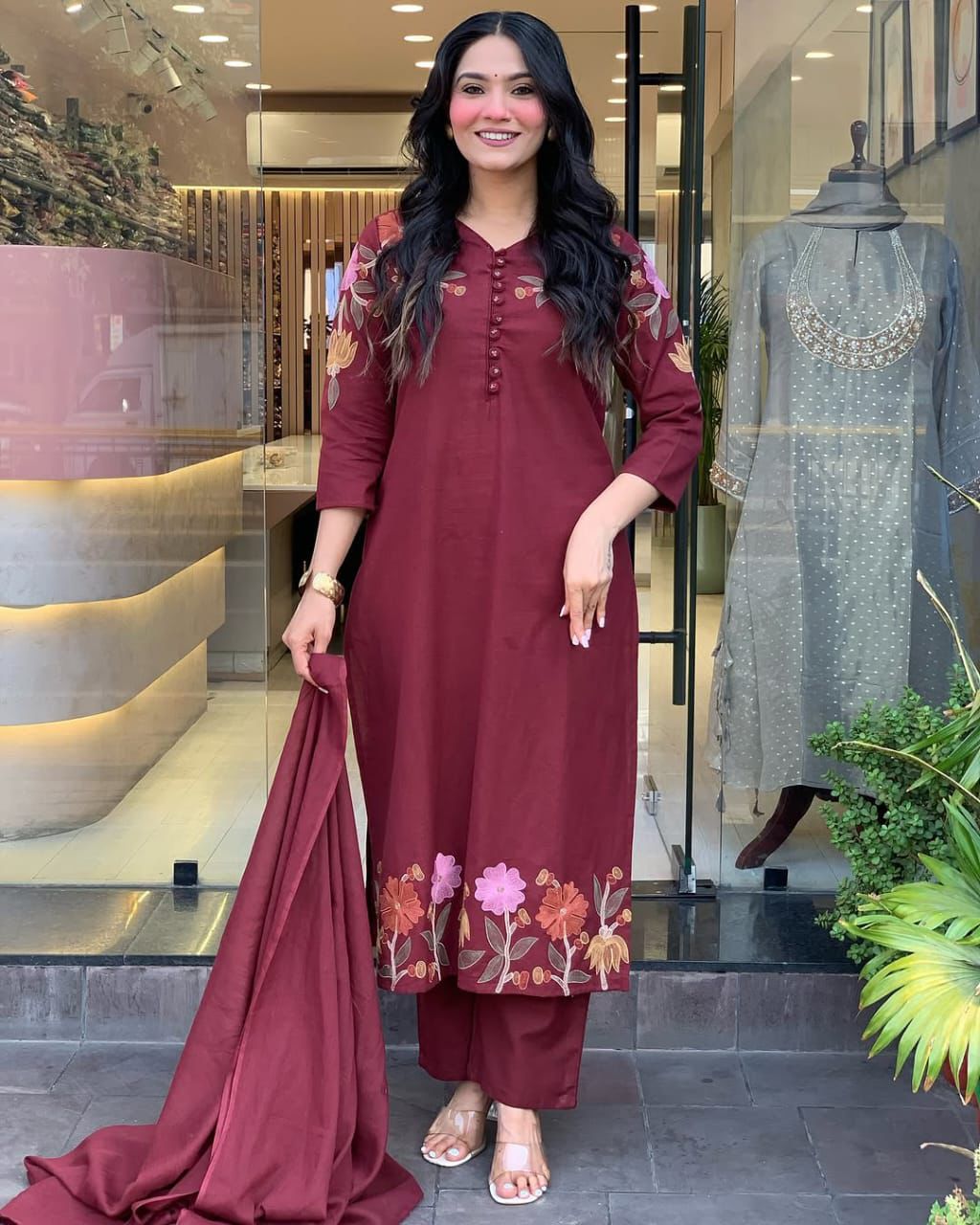 Elegant Maroon Embroidered Suit with Graceful Dupatta – Perfect Blend of Tradition, Style, and Modern Sophistication for Every Occasion (BMKHA03)