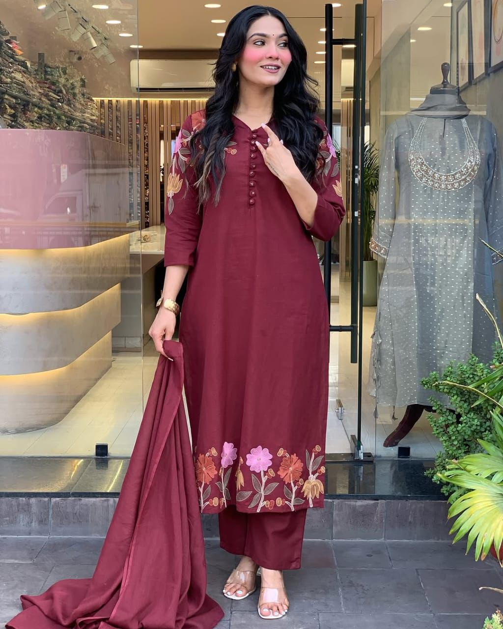 Elegant Maroon Embroidered Suit with Graceful Dupatta – Perfect Blend of Tradition, Style, and Modern Sophistication for Every Occasion (BMKHA03)