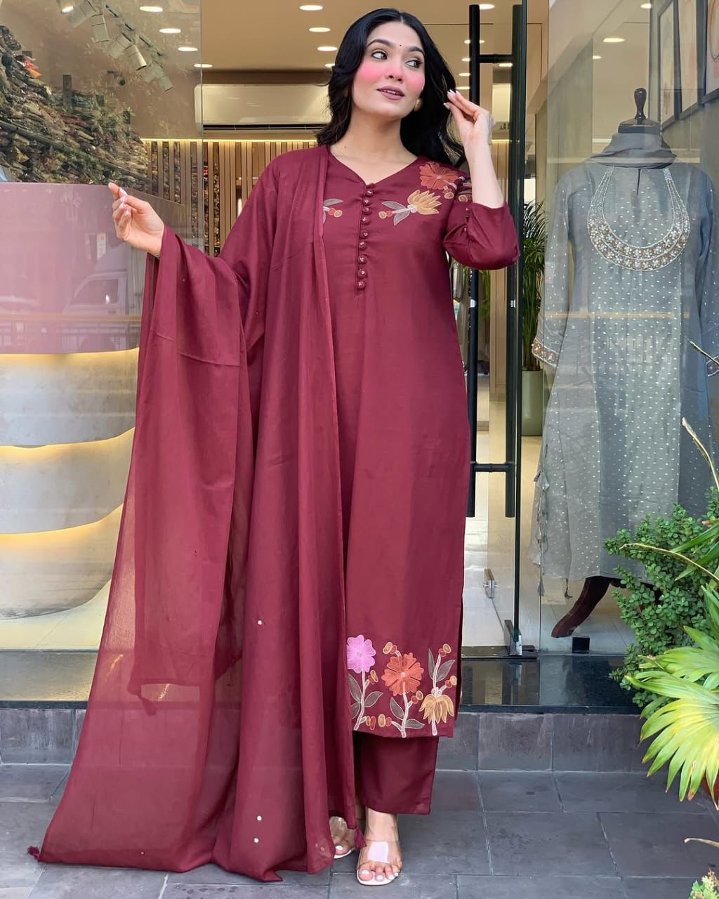 Elegant Maroon Embroidered Suit with Graceful Dupatta – Perfect Blend of Tradition, Style, and Modern Sophistication for Every Occasion (BMKHA03)