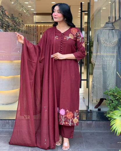 Elegant Maroon Embroidered Suit with Graceful Dupatta – Perfect Blend of Tradition, Style, and Modern Sophistication for Every Occasion (BMKHA03)