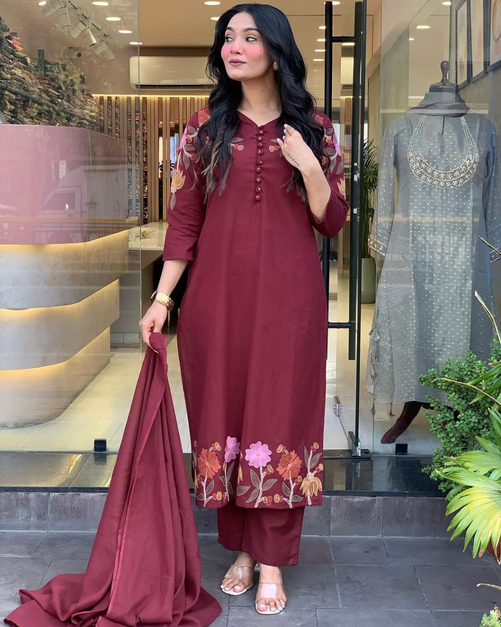Elegant Maroon Embroidered Suit with Graceful Dupatta – Perfect Blend of Tradition, Style, and Modern Sophistication for Every Occasion (BMKHA03)