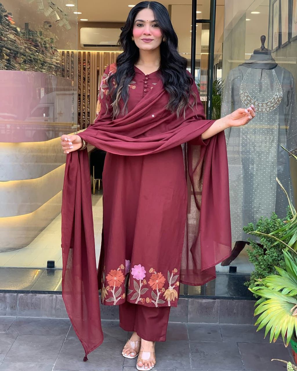 Elegant Maroon Embroidered Suit with Graceful Dupatta – Perfect Blend of Tradition, Style, and Modern Sophistication for Every Occasion (BMKHA03)