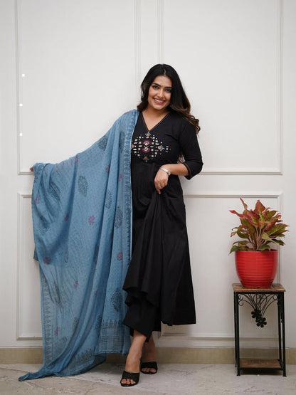 Chic Black Embroidered Suit with Elegant Blue Dupatta – Timeless Ethnic Style Blending Comfort, Grace, and Modern Fashion for Every Occasion (BMKHA04)