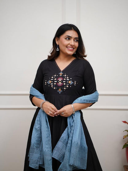 Chic Black Embroidered Suit with Elegant Blue Dupatta – Timeless Ethnic Style Blending Comfort, Grace, and Modern Fashion for Every Occasion (BMKHA04)