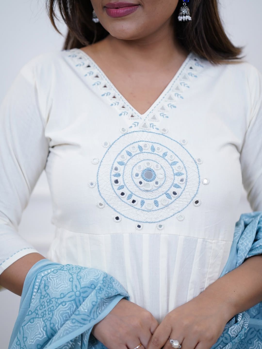 Elegant Ivory Anarkali Suit with Soft Blue Dupatta – Graceful Ethnic Wear Blending Minimal Elegance, Comfort, and Timeless Festive Charm (BMKHA05)