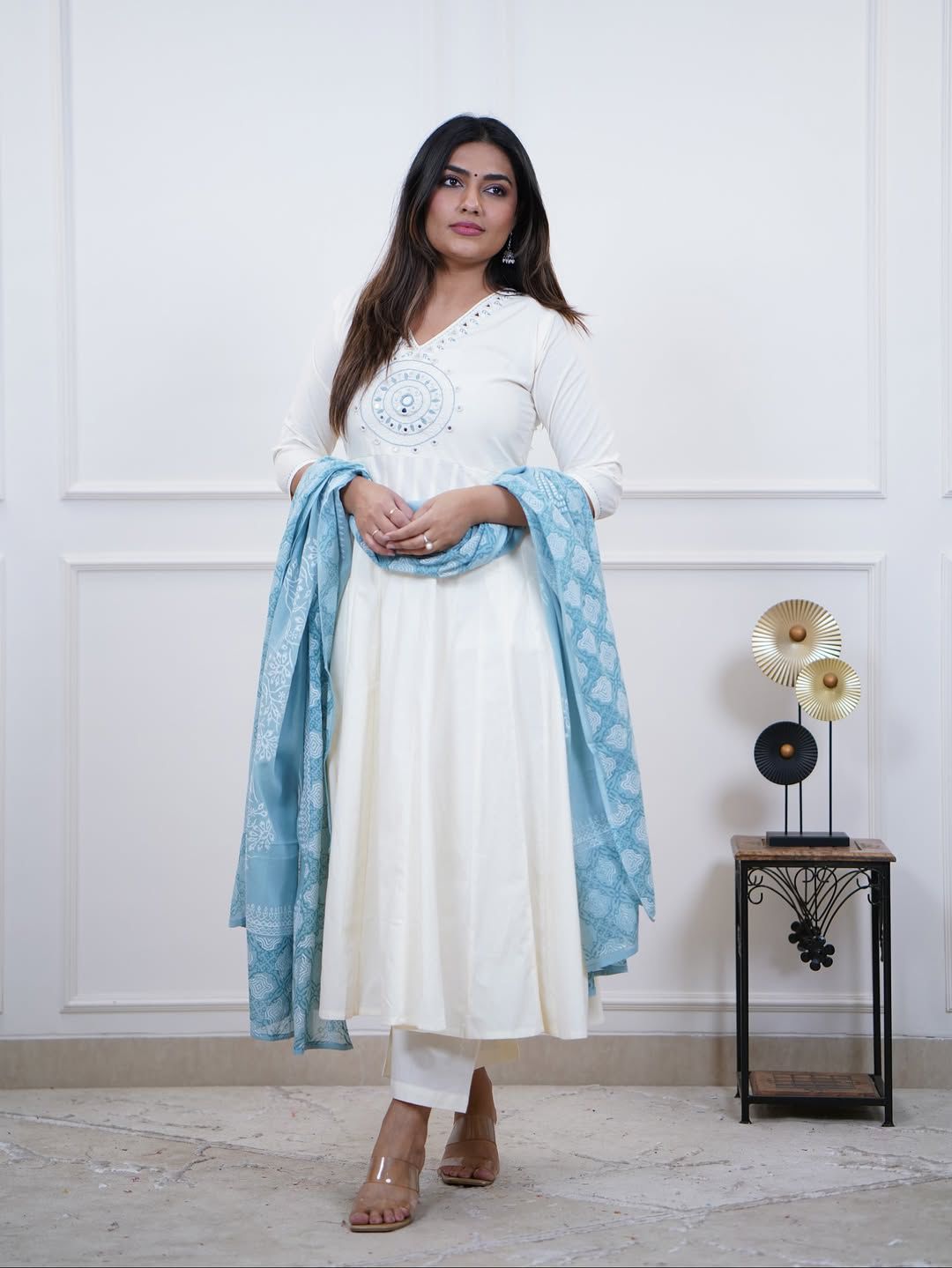 Elegant Ivory Anarkali Suit with Soft Blue Dupatta – Graceful Ethnic Wear Blending Minimal Elegance, Comfort, and Timeless Festive Charm (BMKHA05)