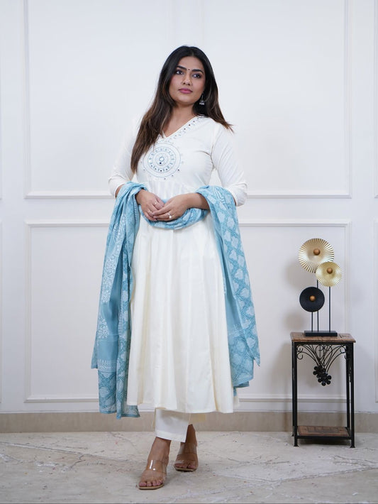 Elegant Ivory Anarkali Suit with Soft Blue Dupatta – Graceful Ethnic Wear Blending Minimal Elegance, Comfort, and Timeless Festive Charm (BMKHA05)
