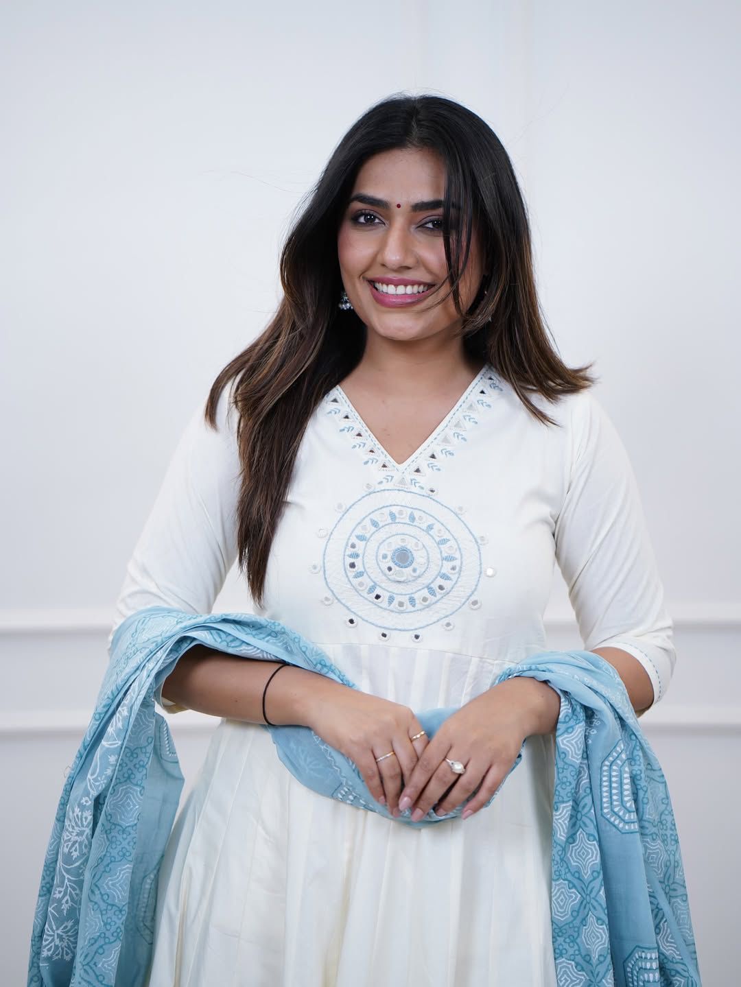 Elegant Ivory Anarkali Suit with Soft Blue Dupatta – Graceful Ethnic Wear Blending Minimal Elegance, Comfort, and Timeless Festive Charm (BMKHA05)