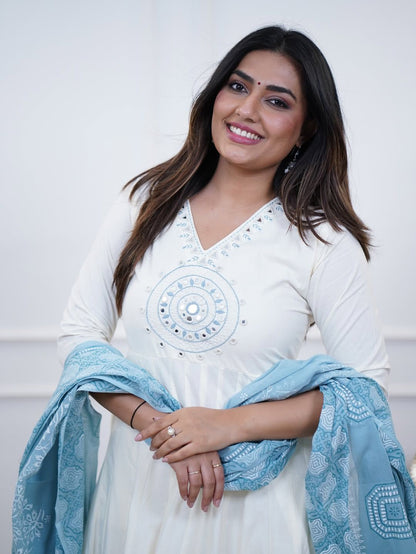 Elegant Ivory Anarkali Suit with Soft Blue Dupatta – Graceful Ethnic Wear Blending Minimal Elegance, Comfort, and Timeless Festive Charm (BMKHA05)