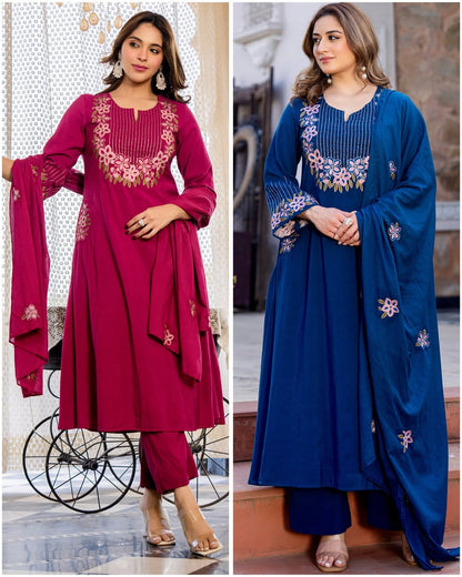 Elegant Navy Blue Floral Embroidered Kurta Set with Dupatta – Premium Ethnic Wear for Stylish Women (BMKHA06)
