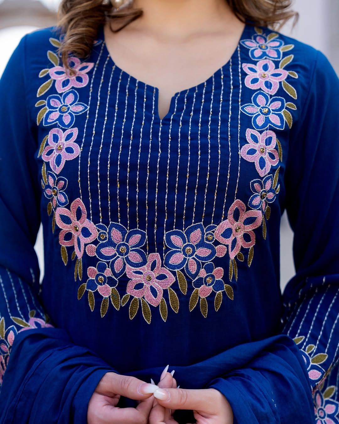Elegant Navy Blue Floral Embroidered Kurta Set with Dupatta – Premium Ethnic Wear for Stylish Women (BMKHA06)