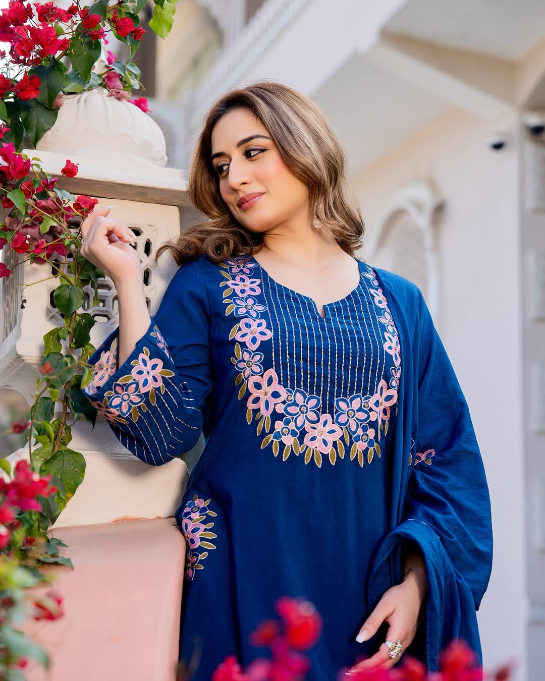 Elegant Navy Blue Floral Embroidered Kurta Set with Dupatta – Premium Ethnic Wear for Stylish Women (BMKHA06)