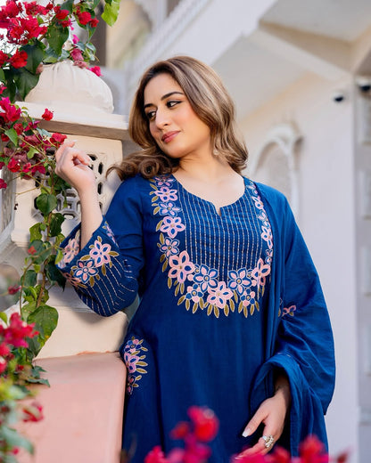 Elegant Navy Blue Floral Embroidered Kurta Set with Dupatta – Premium Ethnic Wear for Stylish Women (BMKHA06)