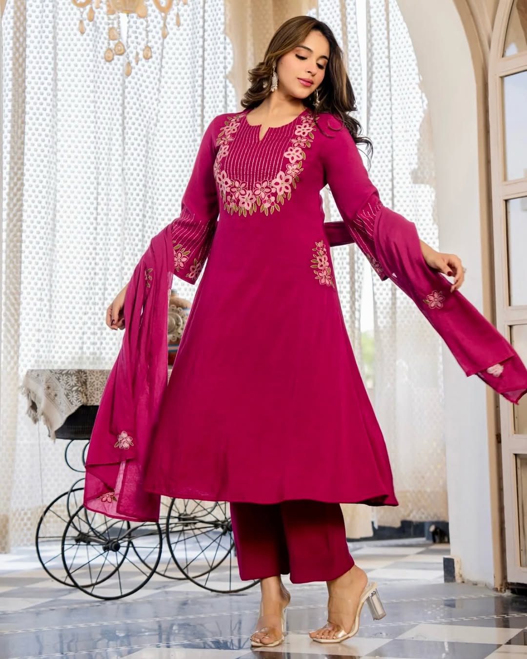 Elegant Wine Pink Floral Embroidered Kurta Set with Dupatta – Graceful Ethnic Wear for Modern Women (BMKHA07)
