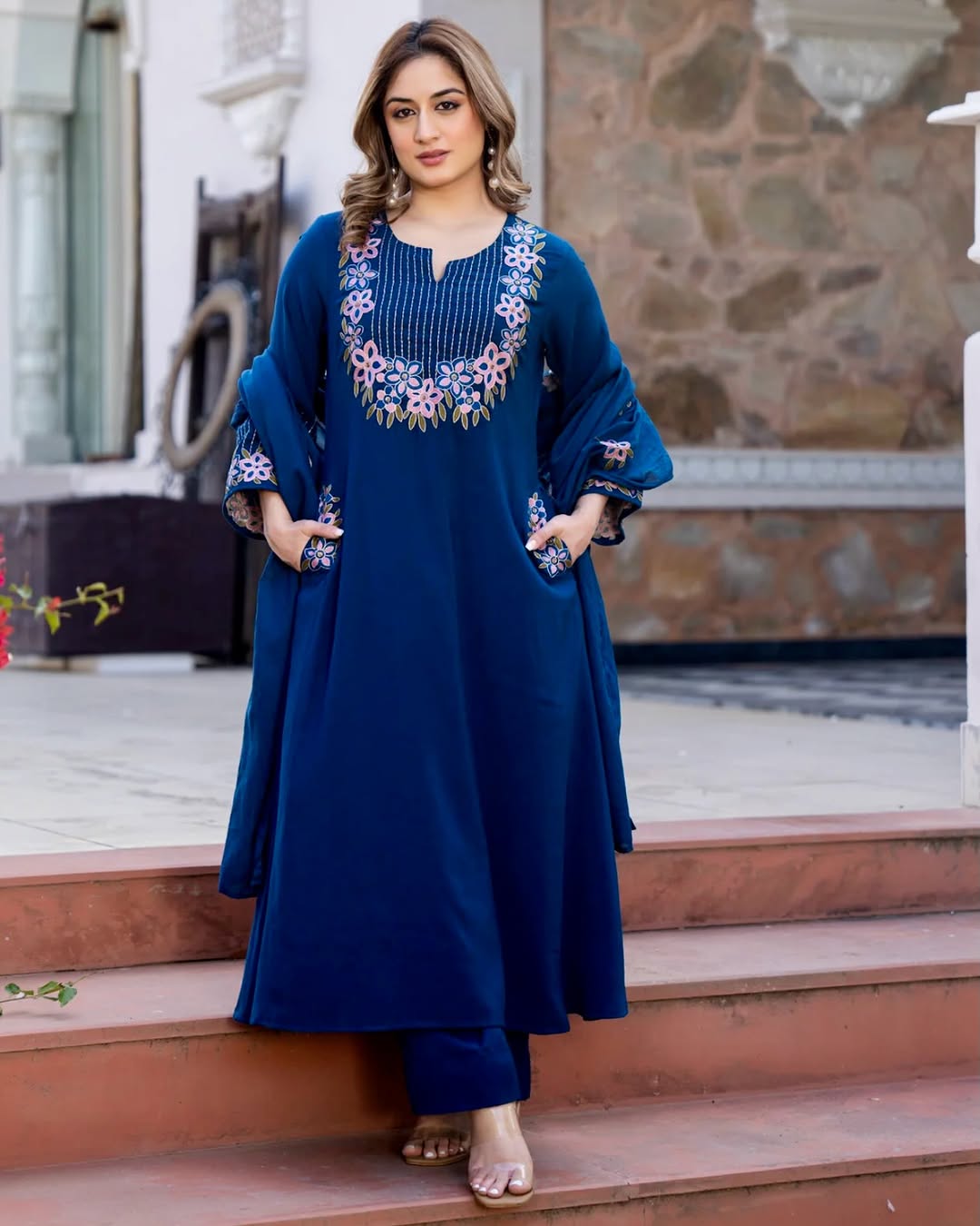 Elegant Navy Blue Floral Embroidered Kurta Set with Dupatta – Premium Ethnic Wear for Stylish Women (BMKHA06)
