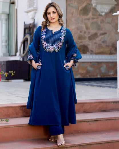 Elegant Navy Blue Floral Embroidered Kurta Set with Dupatta – Premium Ethnic Wear for Stylish Women (BMKHA06)