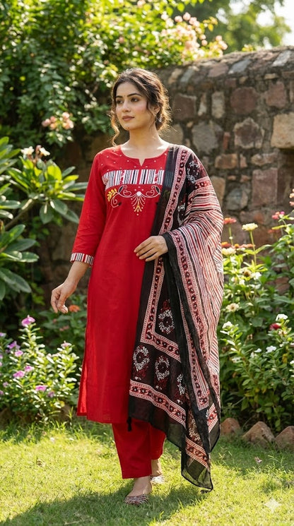 Elegant Red & Black Kurta Sets with Printed Dupattas Traditional Festive Ethnic Wear for Women (BMKHA08)
