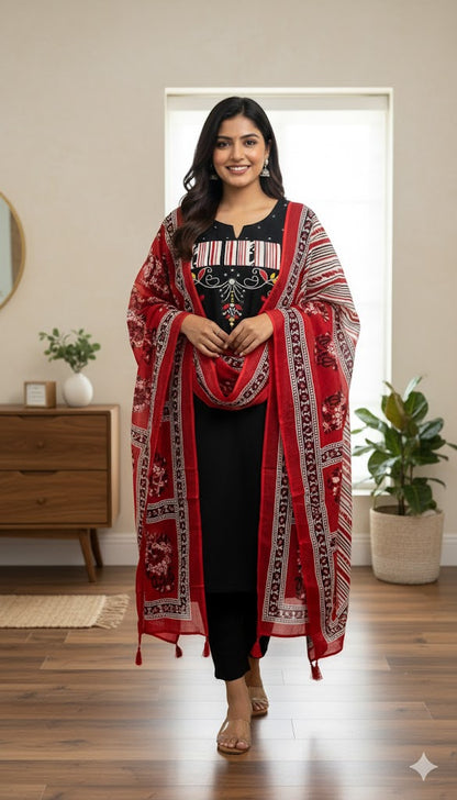 Elegant Red & Black Kurta Sets with Printed Dupattas Traditional Festive Ethnic Wear for Women (BMKHA08)