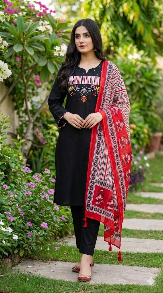 Elegant Red & Black Kurta Sets with Printed Dupattas Traditional Festive Ethnic Wear for Women (BMKHA08)
