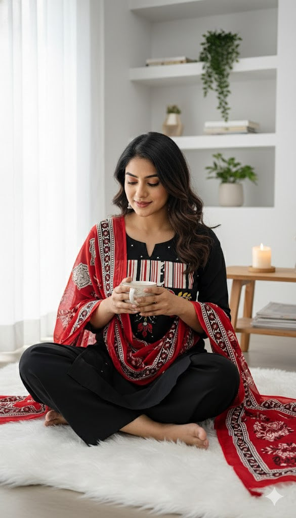 Elegant Red & Black Kurta Sets with Printed Dupattas Traditional Festive Ethnic Wear for Women (BMKHA08)