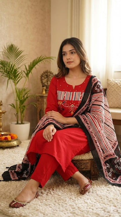 Elegant Red & Black Kurta Sets with Printed Dupattas Traditional Festive Ethnic Wear for Women (BMKHA08)