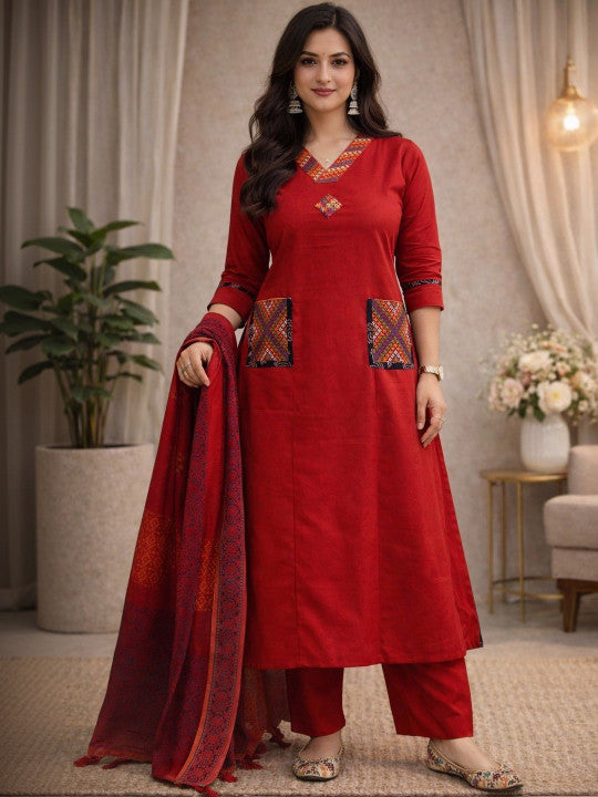 Elegant Red Printed Kurta Set with Dupatta for Festive and Casual Wear (JSMC01)