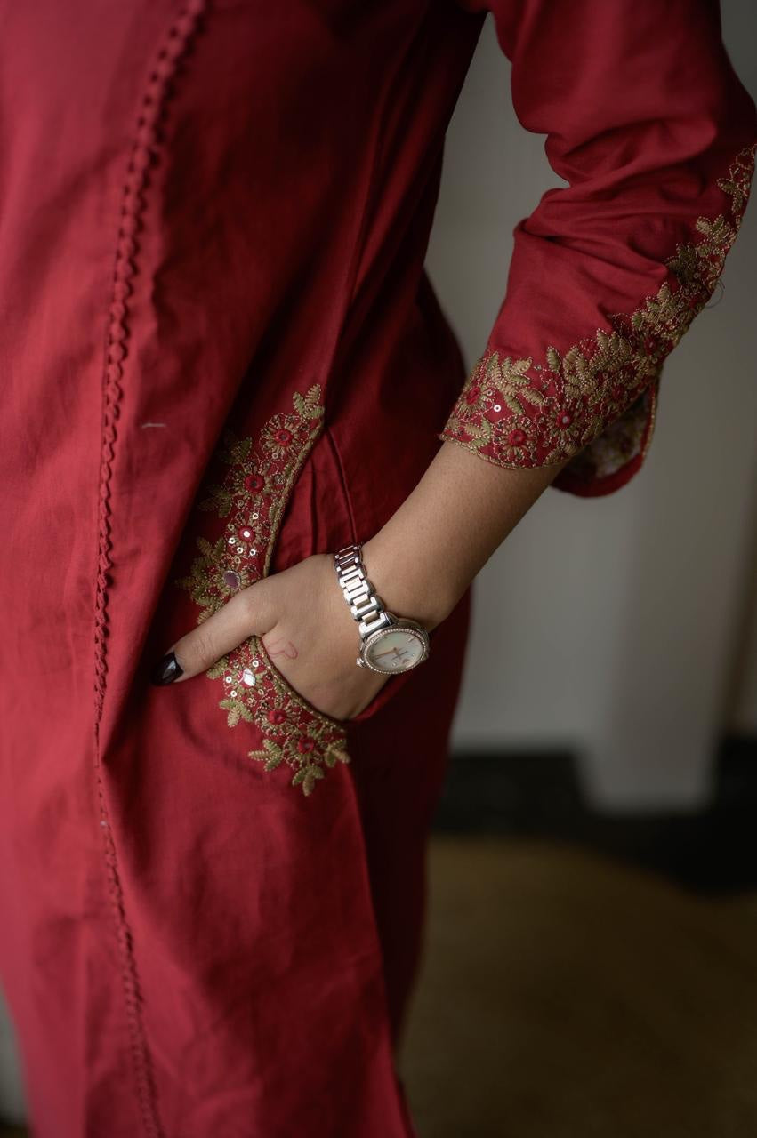 Elegant RED Ethnic Kurta Set with Subtle Gold Embroidery and Soft Plain Dupatta for Festive and Casual Wear (BMY01)