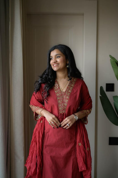 Elegant RED Ethnic Kurta Set with Subtle Gold Embroidery and Soft Plain Dupatta for Festive and Casual Wear (BMY01)