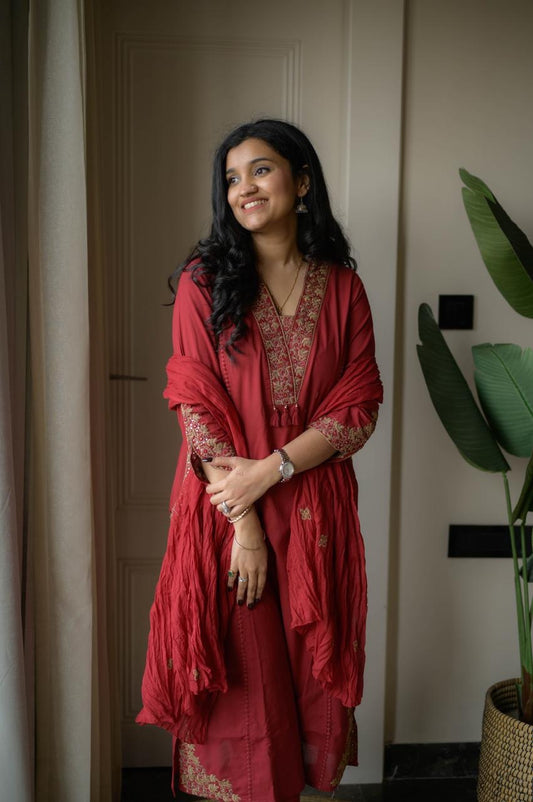 Elegant RED Ethnic Kurta Set with Subtle Gold Embroidery and Soft Plain Dupatta for Festive and Casual Wear (BMY01)