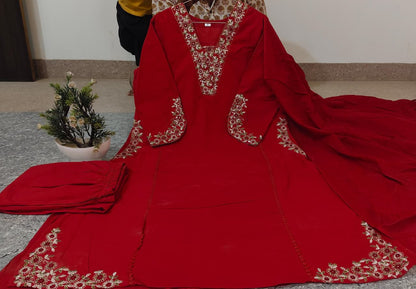 Elegant RED Ethnic Kurta Set with Subtle Gold Embroidery and Soft Plain Dupatta for Festive and Casual Wear (BMY01)