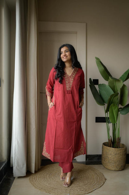 Elegant RED Ethnic Kurta Set with Subtle Gold Embroidery and Soft Plain Dupatta for Festive and Casual Wear (BMY01)