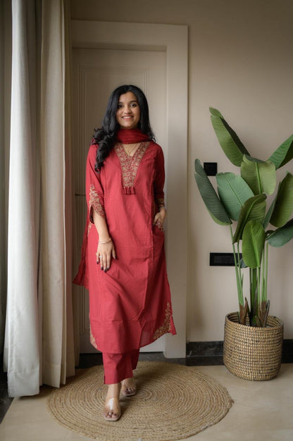 Elegant RED Ethnic Kurta Set with Subtle Gold Embroidery and Soft Plain Dupatta for Festive and Casual Wear (BMY01)