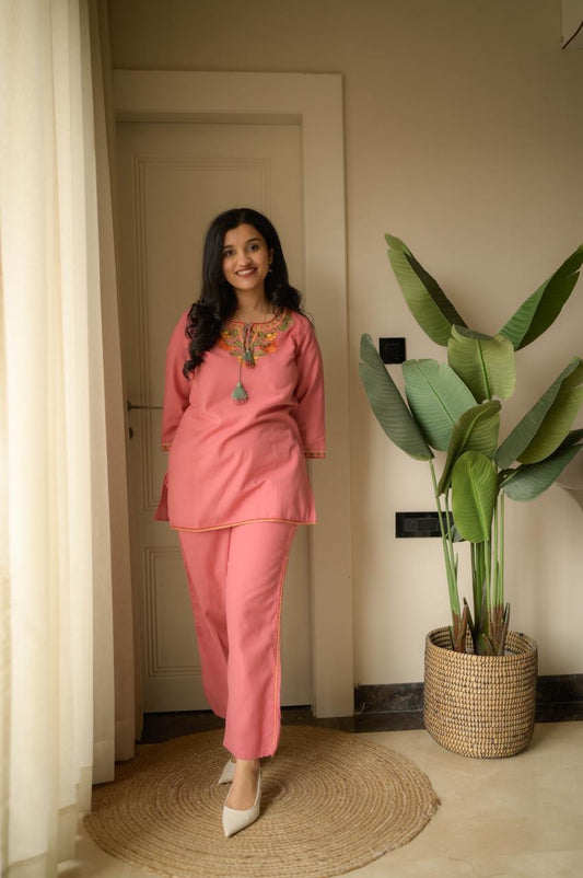 Elegant Embroidered Cotton Kurta Pant Set with Floral Neck Design Available in Multiple Colors for Festive and Daily Wear (BMY001)