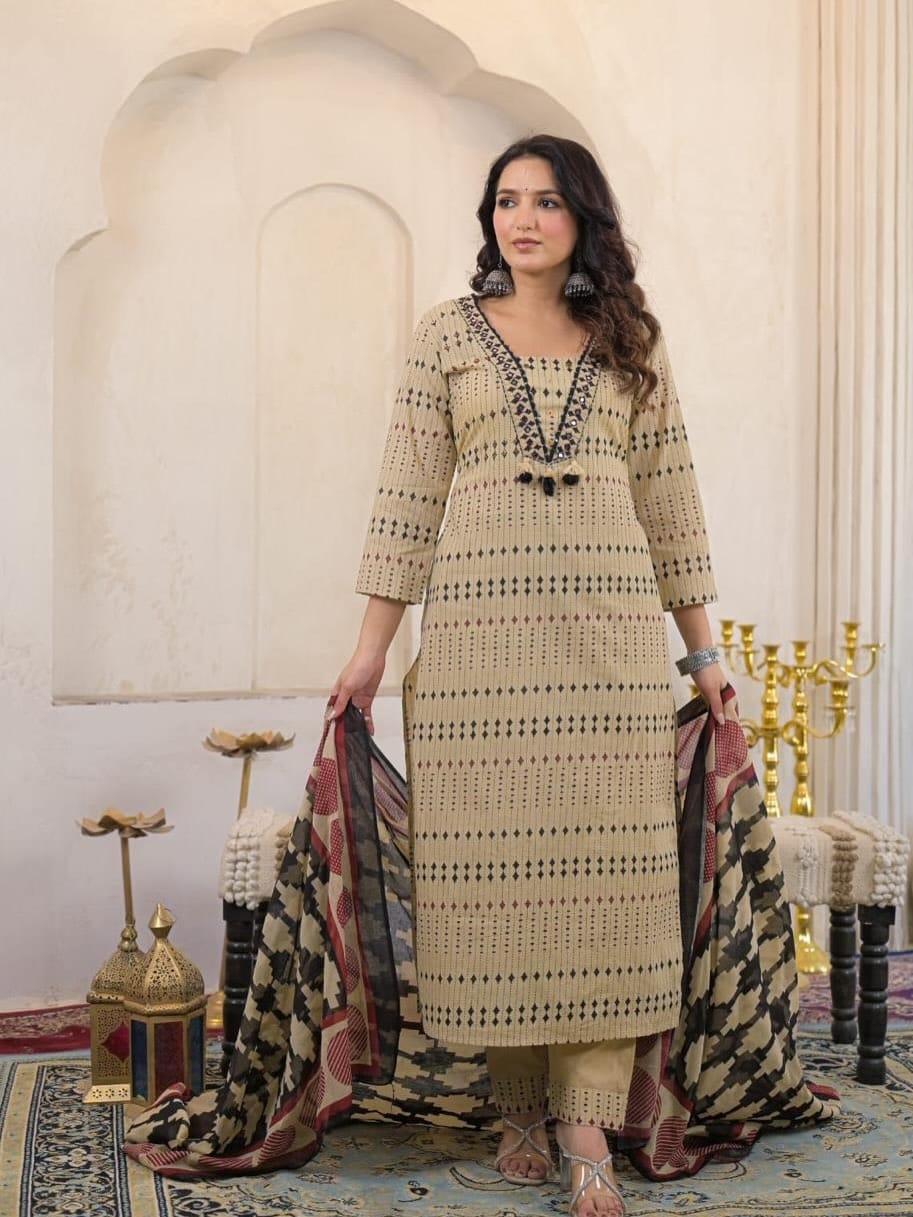 New Arrival Women Pure Cotton Printed Suit Set with Dupatta (ANJRD162)