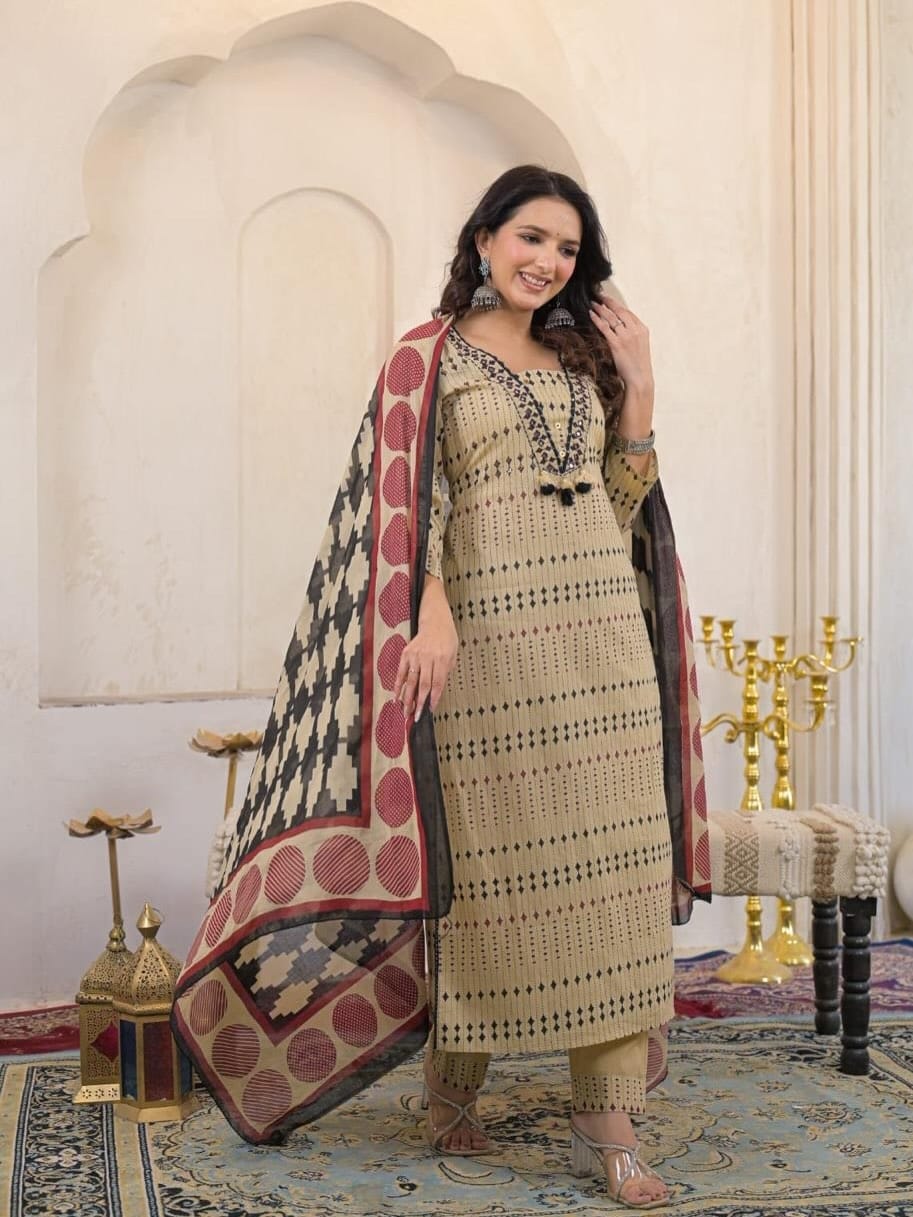 New Arrival Women Pure Cotton Printed Suit Set with Dupatta (ANJRD162)