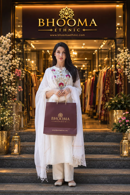 Elegant White Chanderi Cotton Suit Set with Kota Doriya Dupatta for Festive Wear (KHA02)