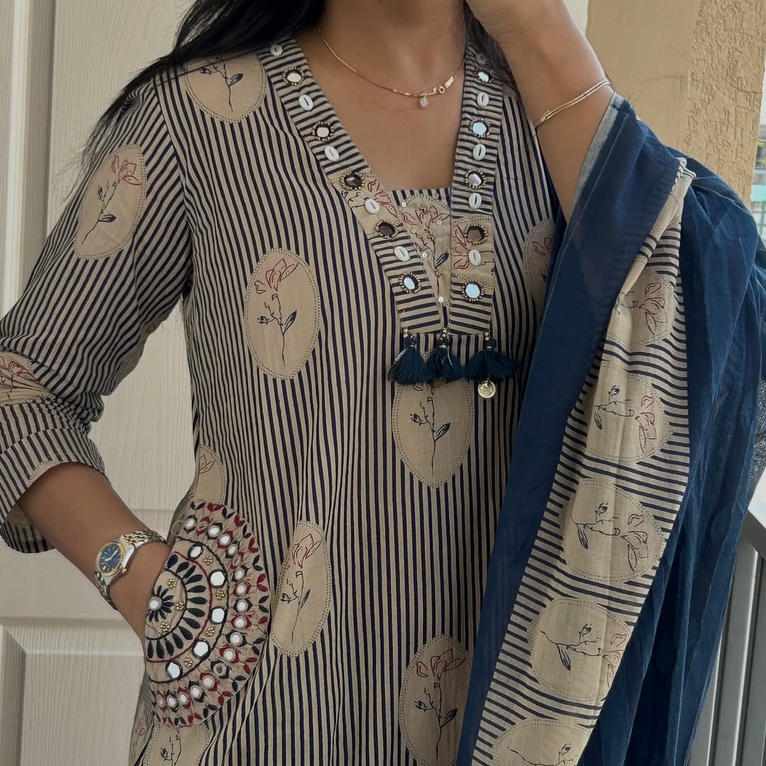 Elegant Beige & Navy Blue Printed Cotton Kurta Pant Set with Dupatta (nama001)