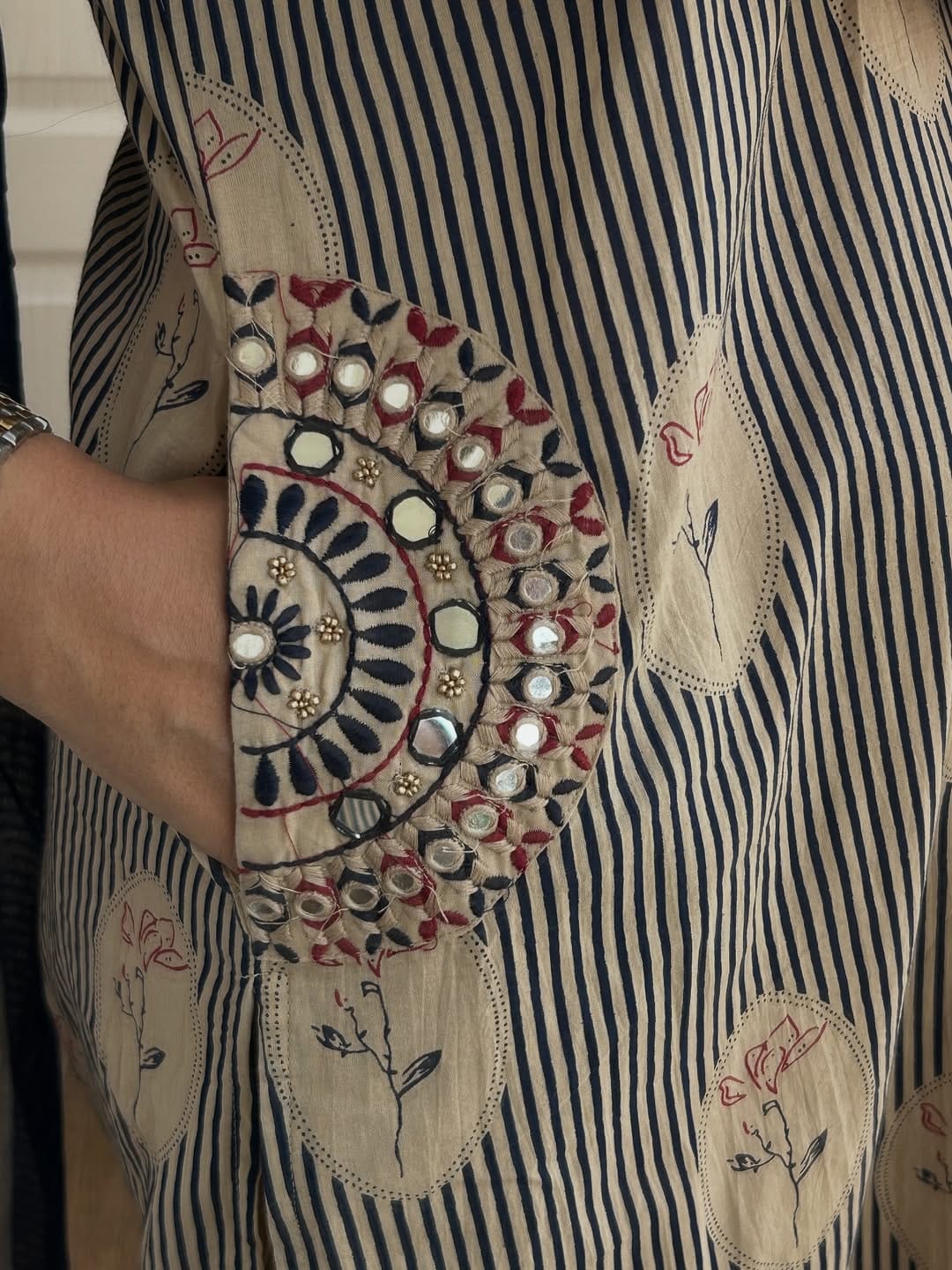Elegant Beige & Navy Blue Printed Cotton Kurta Pant Set with Dupatta (nama001)