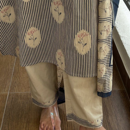 Elegant Beige & Navy Blue Printed Cotton Kurta Pant Set with Dupatta (nama001)