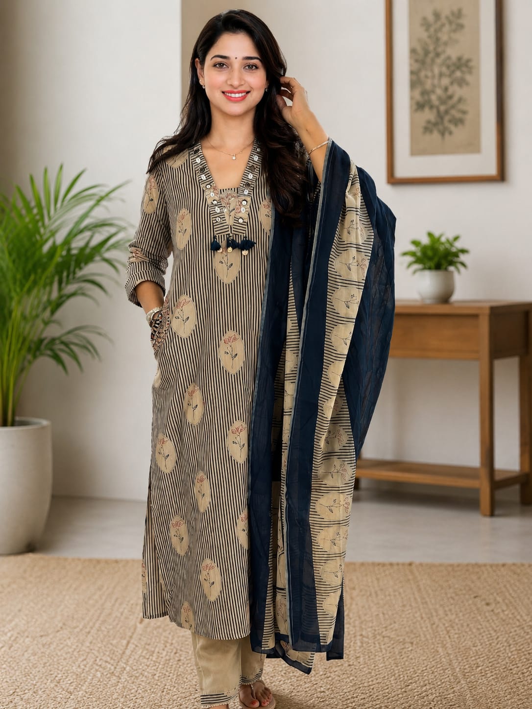 Elegant Beige & Navy Blue Printed Cotton Kurta Pant Set with Dupatta (nama001)