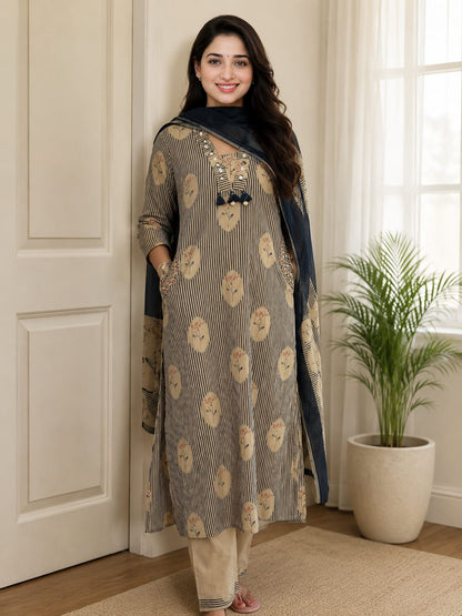 Elegant Beige & Navy Blue Printed Cotton Kurta Pant Set with Dupatta (nama001)