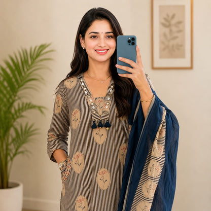 Elegant Beige & Navy Blue Printed Cotton Kurta Pant Set with Dupatta (nama001)